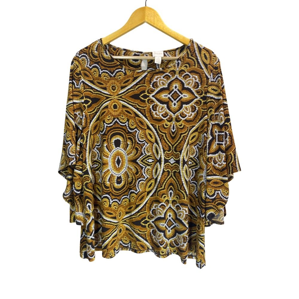 Chico's Size 3 Printed Blouse Gold Black White Flutter Sleeve Draped Elegant Top